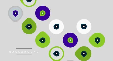 Abstract design features colorful circles, map pins. Background is light gray Stock Illustration