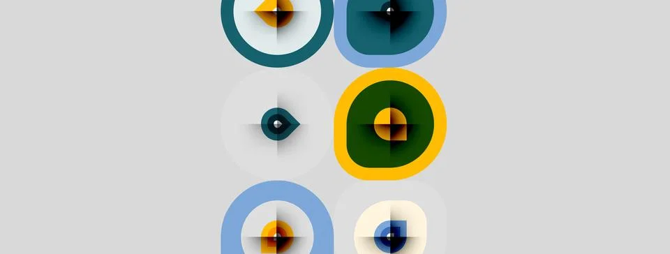 Abstract design features colorful concentric circles, plus signs. Minimalist Stock Illustration