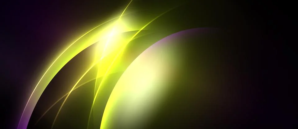 Abstract design features curved lines, bright yellow glow, purple shadows. Stock Illustration