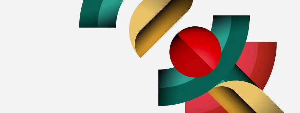 Abstract design features curved shapes, red sphere, green elements, gold accents Illustrazione stock