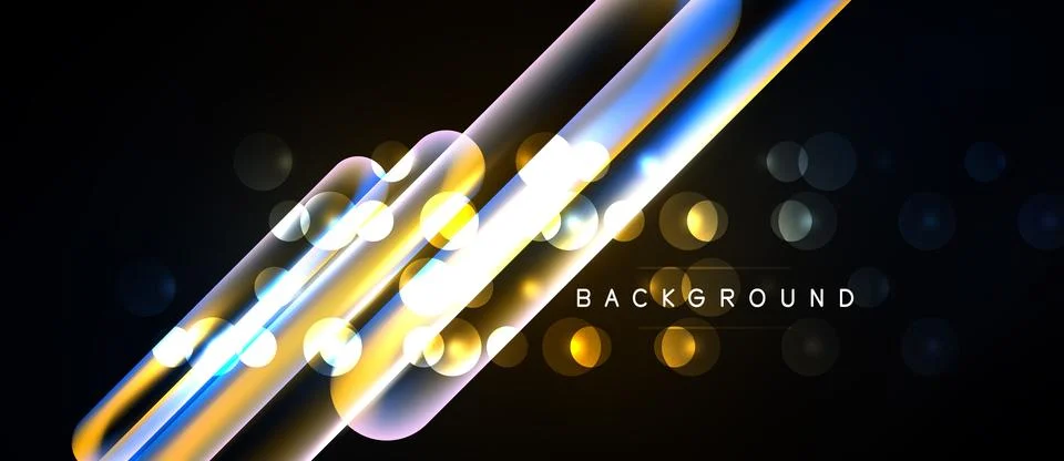 Abstract design features diagonal lines, glowing orbs, dark background. Moder Stock Illustration