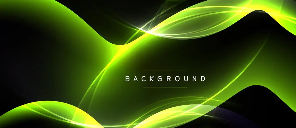 Abstract design features flowing green lines over black background. Text read Illustrazione stock