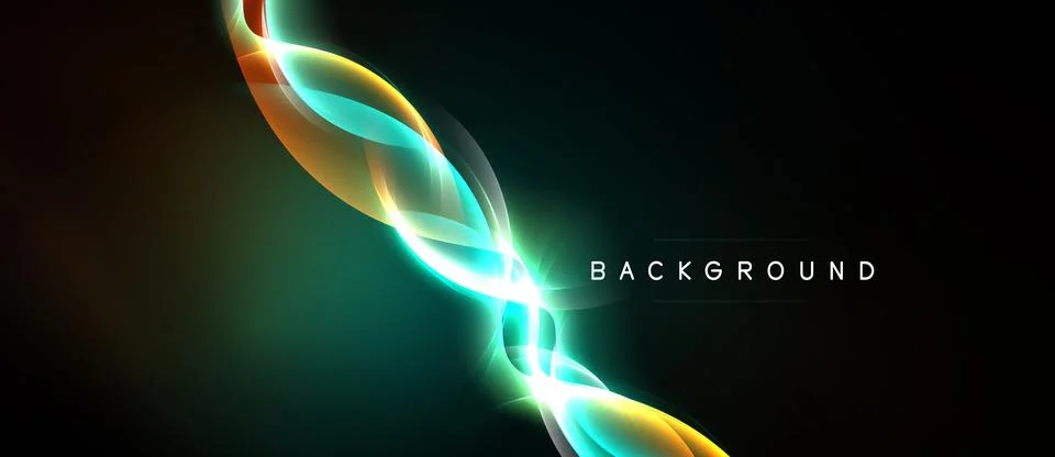 Abstract design features flowing luminous shapes, teal, gold hues. Dark Stock Illustration