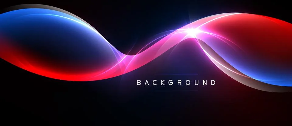 Abstract design features flowing red, blue light waves. Bright central glow Stock Illustration
