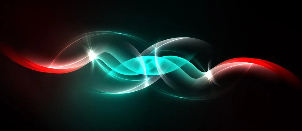 Abstract design features flowing red, teal light curves. Bright sparkles Stock Illustration