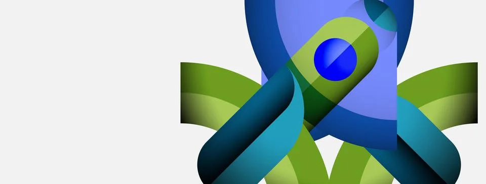 Abstract design features flowing ribbons, blue sphere, green elements. Modern Stock Illustration