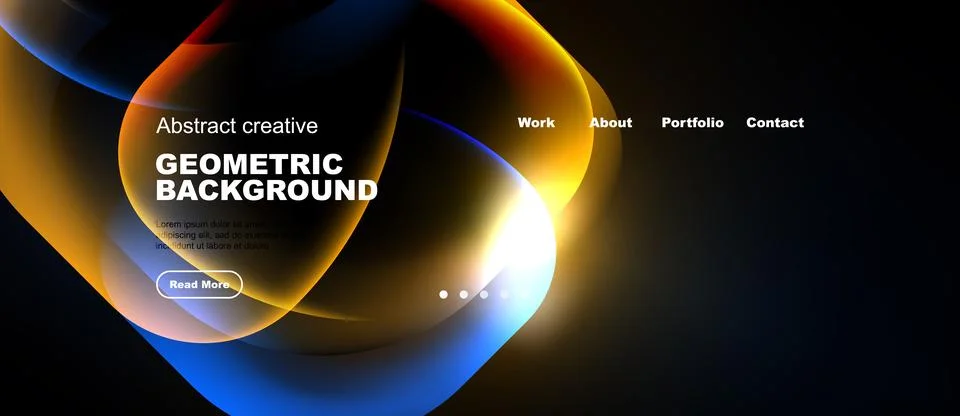 Abstract design features flowing shapes, vibrant colors, text elements. Dark Illustrazione stock