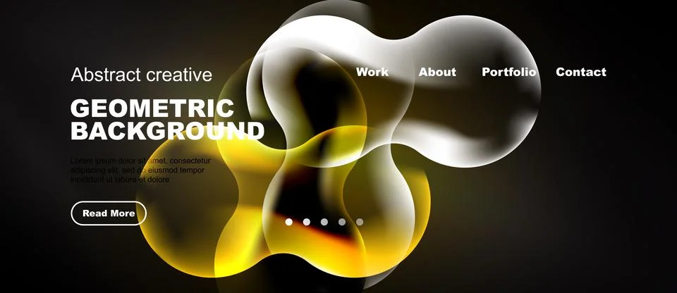 Abstract design features flowing shapes, text overlay, navigation menu. Dark Illustrazione stock