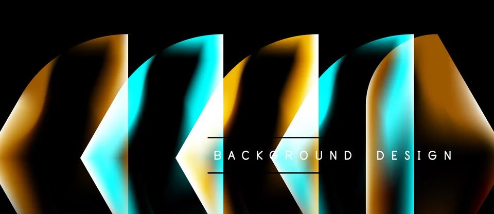 Abstract design features flowing shapes, vibrant colors, gold, cyan. Dark Stock Illustration