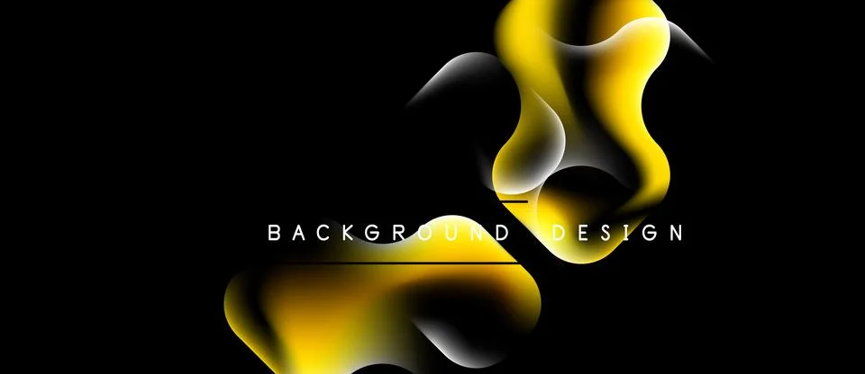 Abstract design features flowing yellow shapes over black background. White Ilustração Stock