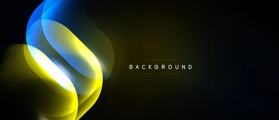 Abstract design features flowing yellow, blue shapes over dark background. Stock Illustration