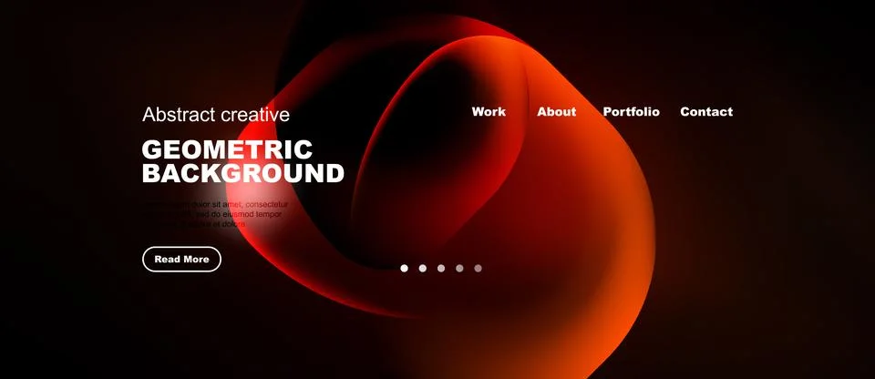 Abstract design features fluid red shapes, dark background. Navigation includ Stock Illustration