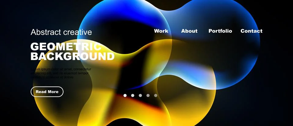 Abstract design features fluid shapes, vibrant colors, text elements. Website Stock Illustration