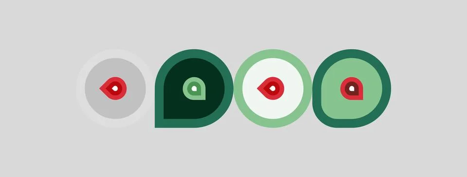Abstract design features four circular motifs. Each includes red center, gree Stockillustratie