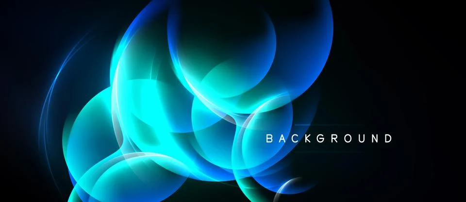 Abstract design features glowing blue circles, curves, waves. Dark background 스톡 일러스트