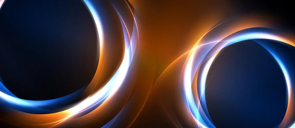 Abstract design features glowing circles, orange, blue hues. Dynamic curves Illustrazione stock