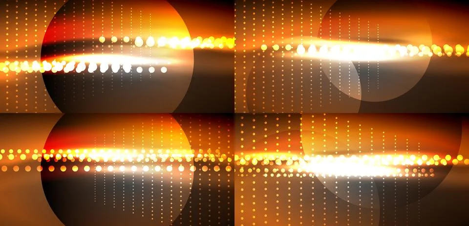 Abstract design features glowing circles, lines, dots. Warm orange, yellow hu Stock Illustration