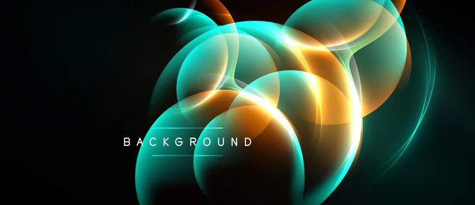 Abstract design features glowing circles, vibrant turquoise, gold hues. Dark Stock Illustration