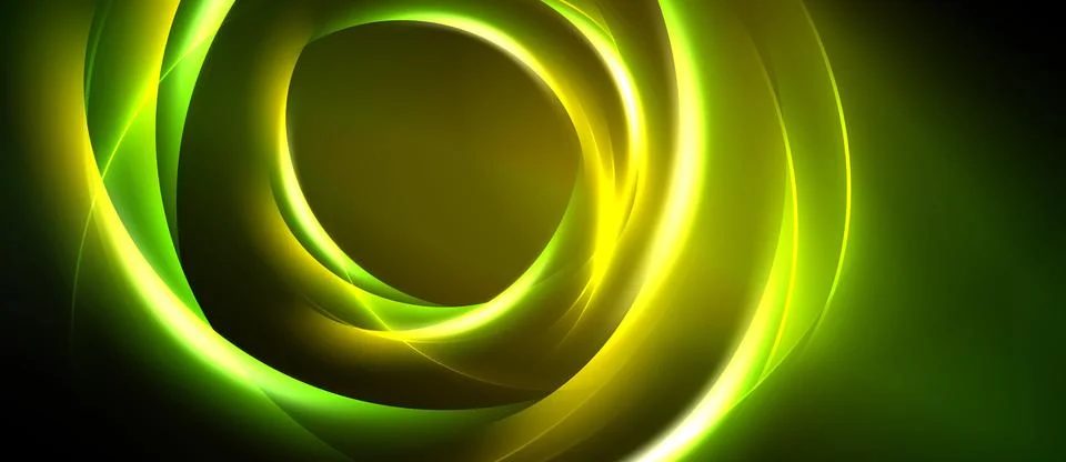 Abstract design features glowing circular layers. Vivid yellow, green hues Stock Illustration