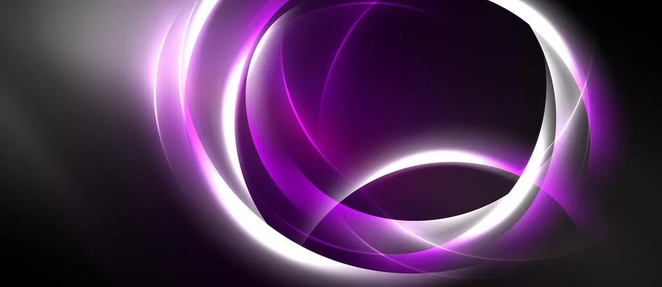 Abstract design features glowing circular layers, purple hues, white highli.. Illustrazione stock