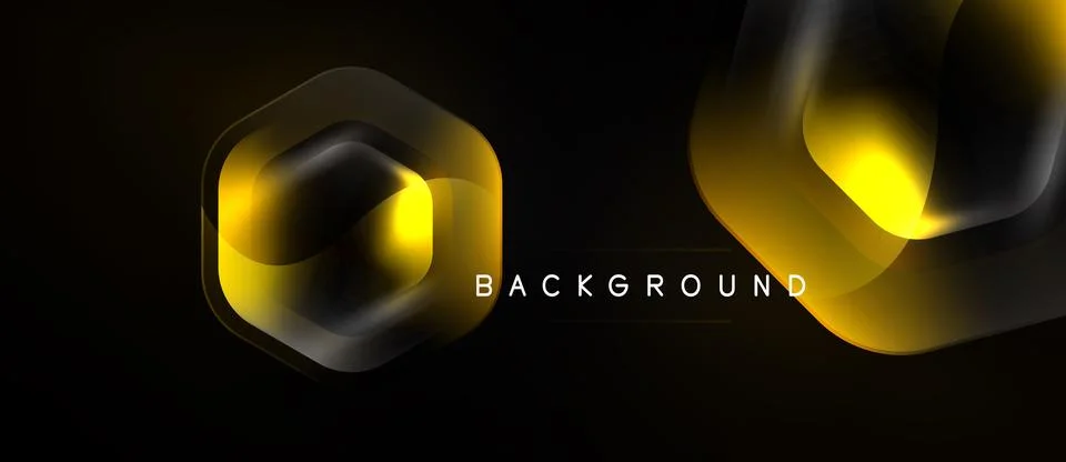 Abstract design features glowing geometric shapes over dark background. Yello Stock Illustration