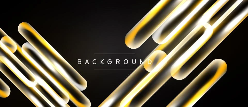 Abstract design features glowing gold lines over black background. Modern, Ilustração Stock