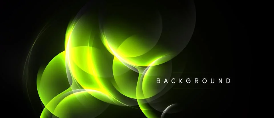 Abstract design features glowing green circles, curves, shapes against dark Illustrazione stock