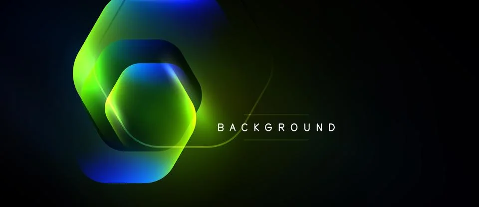 Abstract design features glowing hexagonal shapes, vibrant green, blue hues. Stockillustratie