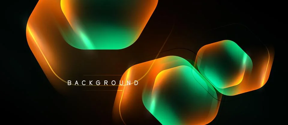 Abstract design features glowing hexagons, orange, teal hues. Dark background Stock Illustration