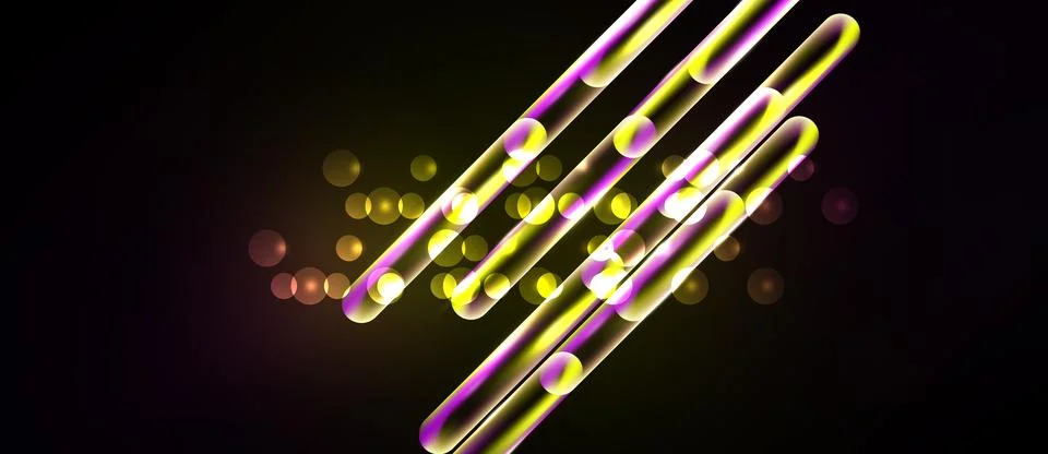 Abstract design features glowing lines, circles, dots against dark background Stock Illustration