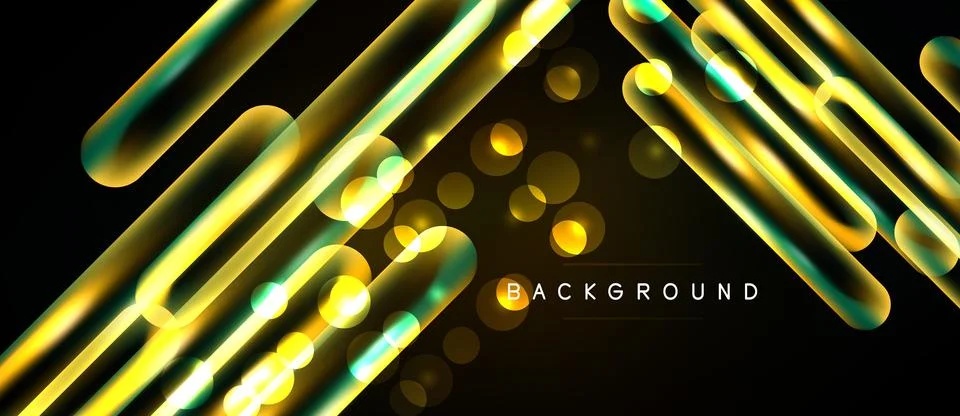 Abstract design features glowing lines, circles over dark background. Modern, Ilustração Stock