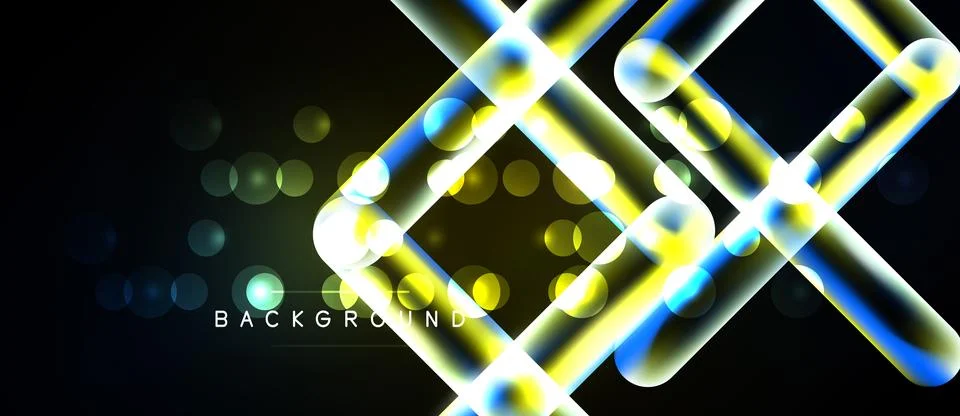 Abstract design features glowing lines, squares, circles over black backdrop. Illustrazione stock