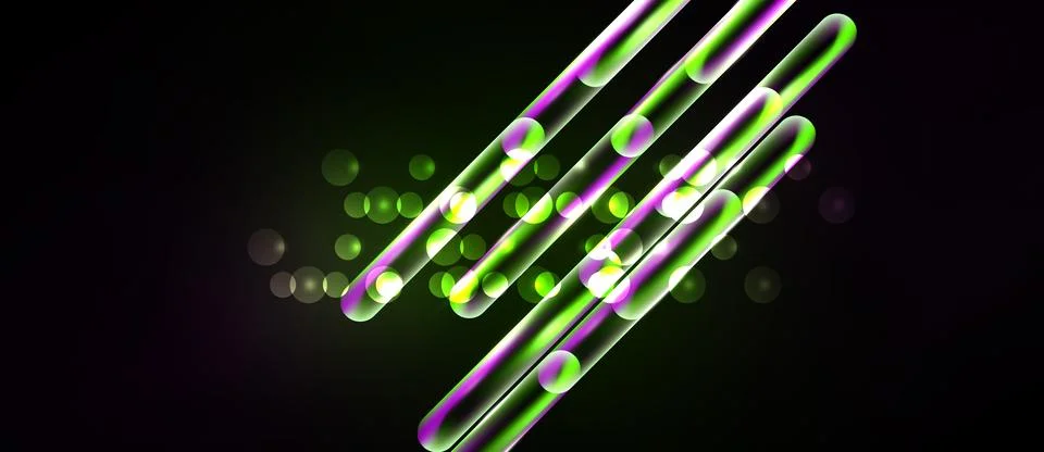 Abstract design features glowing lines, circles against dark background. Brig 스톡 일러스트