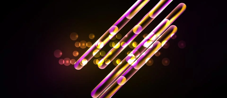 Abstract design features glowing lines, circles, dots. Purple, gold hues Illustrazione stock