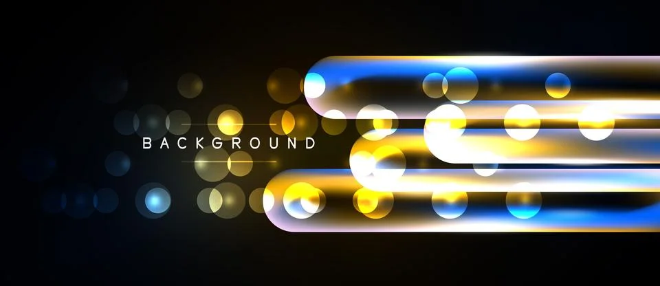 Abstract design features glowing lines, circles, dark background. Modern, Illustrazione stock