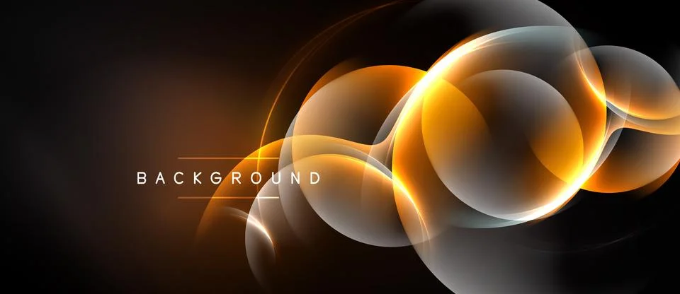 Abstract design features glowing orange circles, curves, lines on dark Stock Illustration