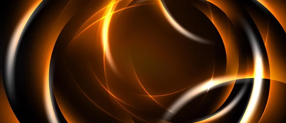 Abstract design features glowing orange curves, dark background. Circular s.. Stock Illustration