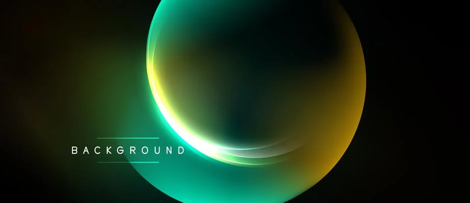 Abstract design features glowing orb, gradient colors, dark background. Moder Stock Illustration
