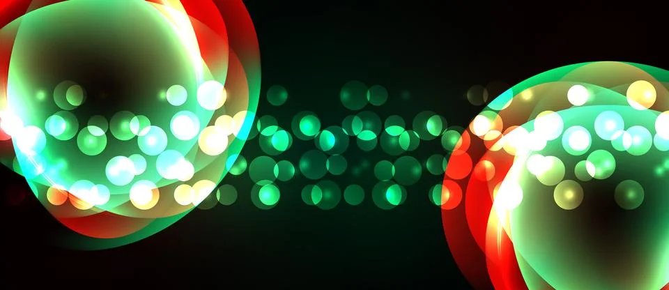 Abstract design features glowing orbs, vibrant colors, dark background. Bubbl Stock Illustration