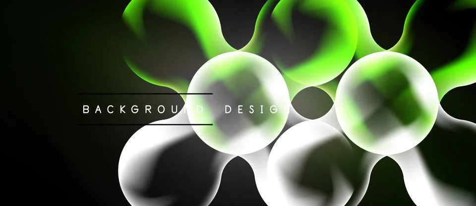 Abstract design features glowing orbs, fluid shapes, dark background. Modern Stock Illustration