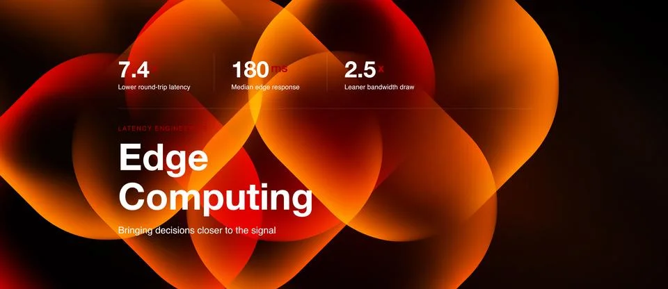 Abstract design features glowing orbs, text highlights edge computing benefit Stock Illustration
