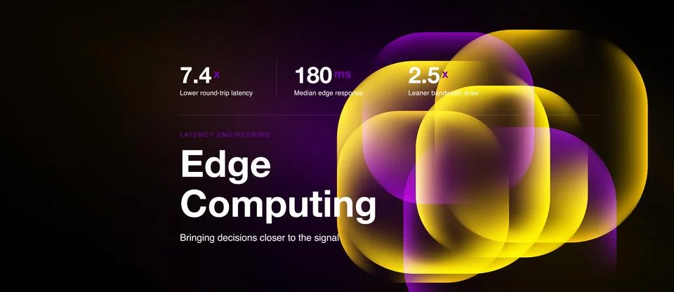Abstract design features glowing orbs, text highlights edge computing benefit Stock Illustration