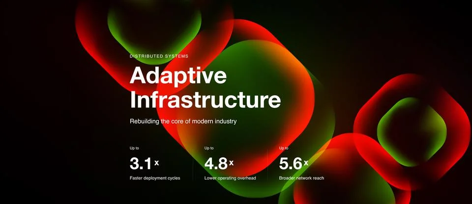 Abstract design features glowing orbs, text promoting adaptive infrastructure Stock Illustration