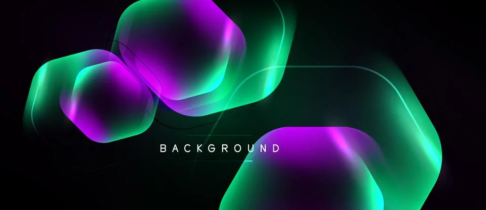 Abstract design features glowing rounded shapes, vibrant purple, green hues.. Stock Illustration