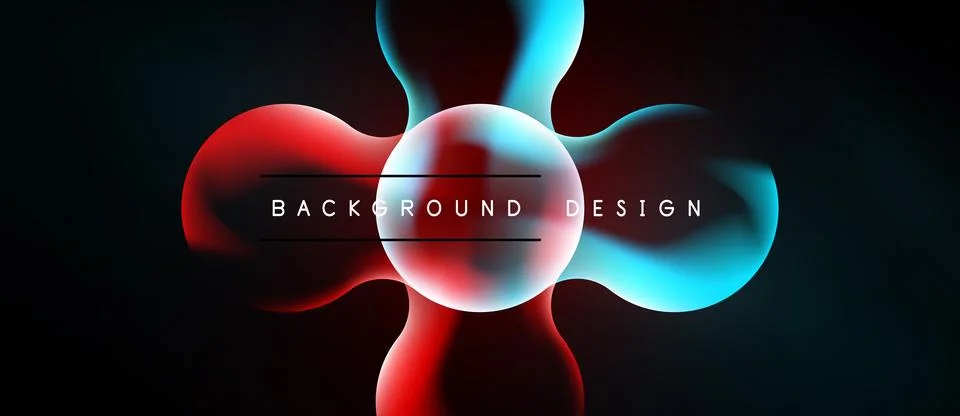 Abstract design features glowing spheres, red, blue hues. Dark background Stock Illustration