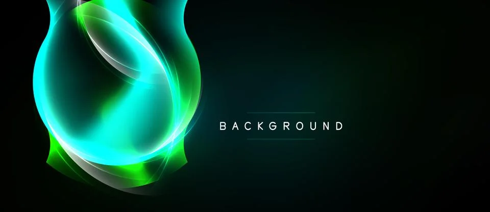 Abstract design features glowing turquoise, green swirls over dark background Ilustração Stock