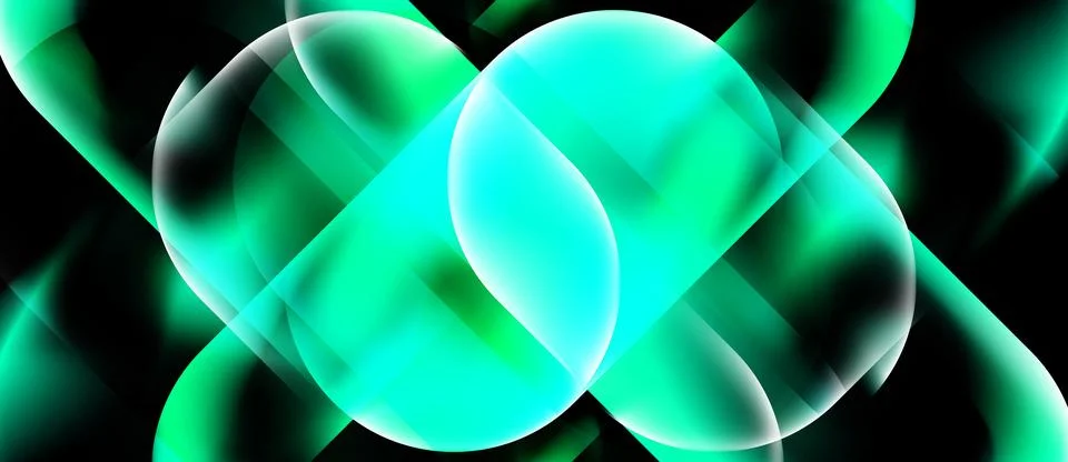 Abstract design features glowing turquoise shapes overlapping black backgroun Stock Illustration