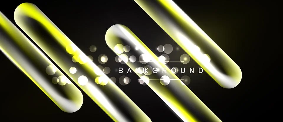 Abstract design features glowing yellow lines, circles on black background. Stock Illustration