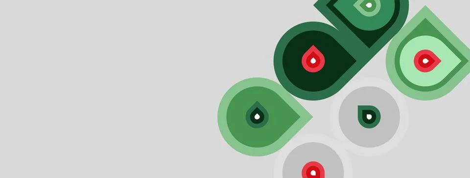 Abstract design features green, gray drops. Shapes overlap, creating dynamic Illustrazione stock