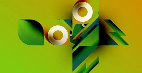 Abstract design features green, yellow hues. Circular elements intersect Stock Illustration